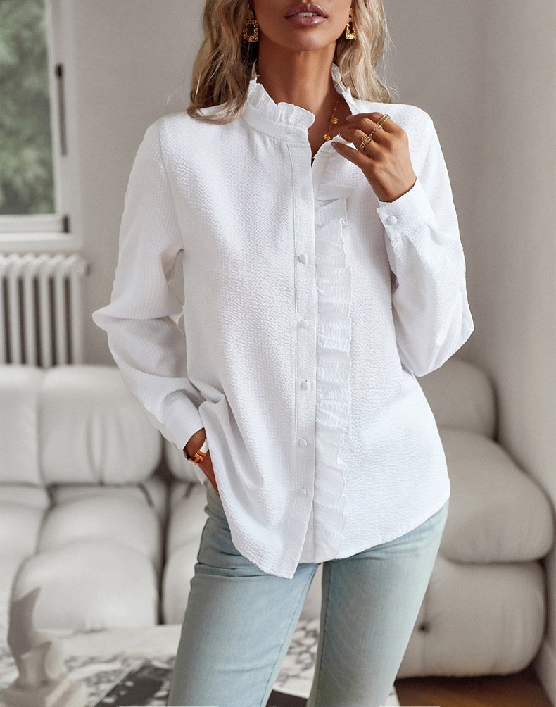 Striped Long Sleeve Shirt Fashion Ruffle Design Button Up Tops Casual Office Blouse Elegant Commuting Women'S Clothing