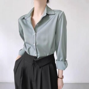 Women'S High-Grade Green Satin Shirt