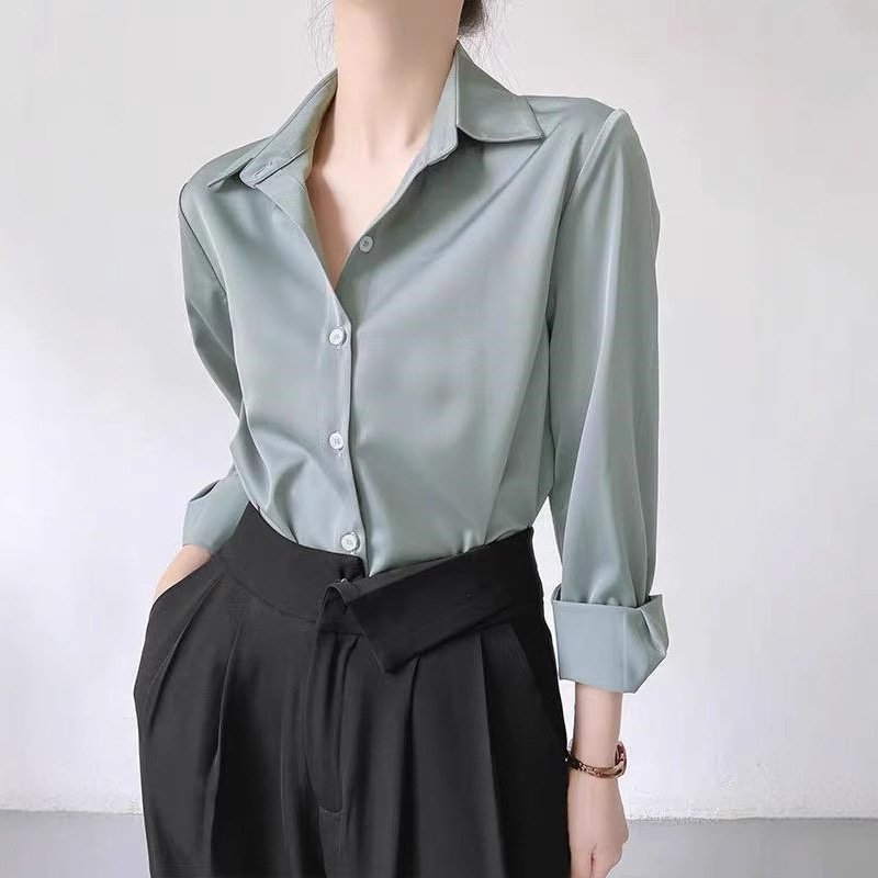 Women'S High-Grade Green Satin Shirt