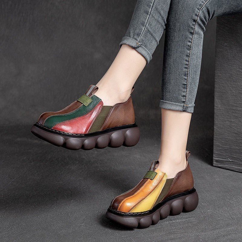 New Fashion Color-Blocking Ethnic Style Round Toe Thick Sole Shoes