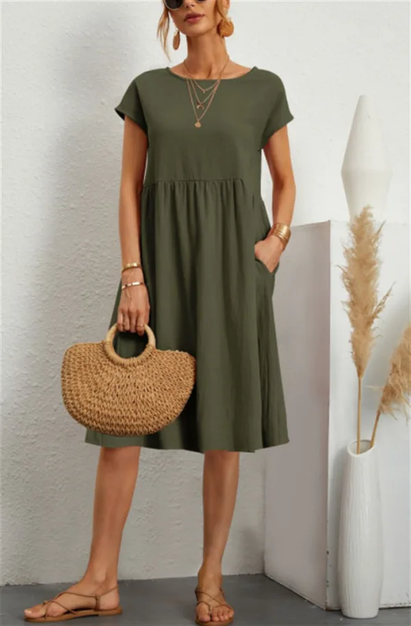 Summer Short-Sleeved Dress With Pockets Fashion Solid Round Neck A-Line Dresses For Women Clothing