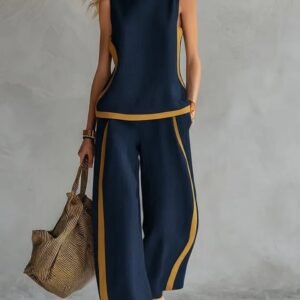 Summer Suits Round-Neck Sleeveless Vest Top And High-Waist Wide-Leg Pants Casual Loose Set