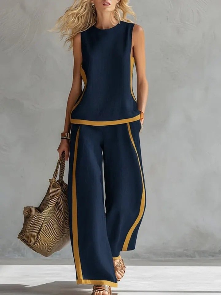 Summer Suits Round-Neck Sleeveless Vest Top And High-Waist Wide-Leg Pants Casual Loose Set