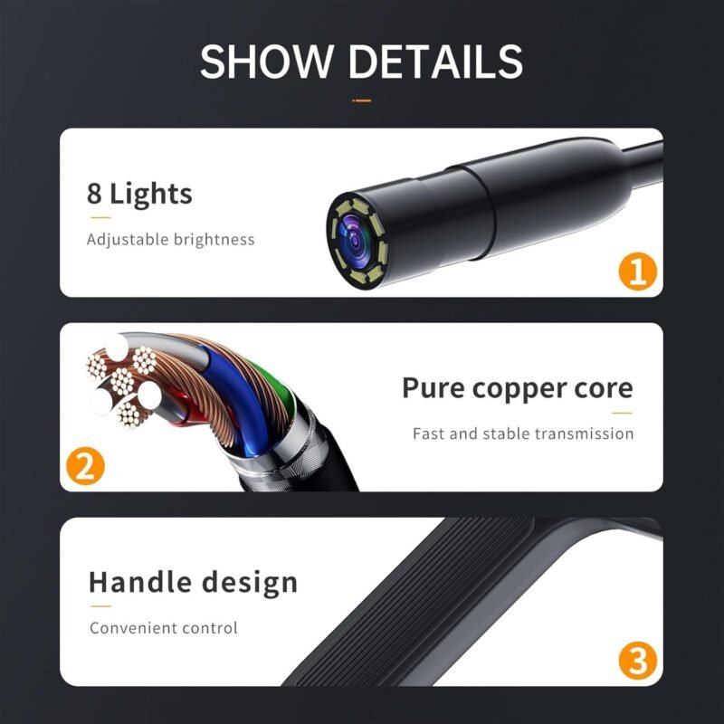 Borescope With Light, Industrial Endoscope Inspection Camera  With Light - 2,5,10M Snake Camera For Automotive, Aircraft, And Pipe Inspection - Portable Boroscope With Led Lighting For Clear Visual In