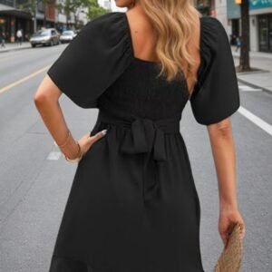 Lightweight Black Ruffled Hem Dress  Women'S Flowy Mini Dress For Spring Summer Vacation