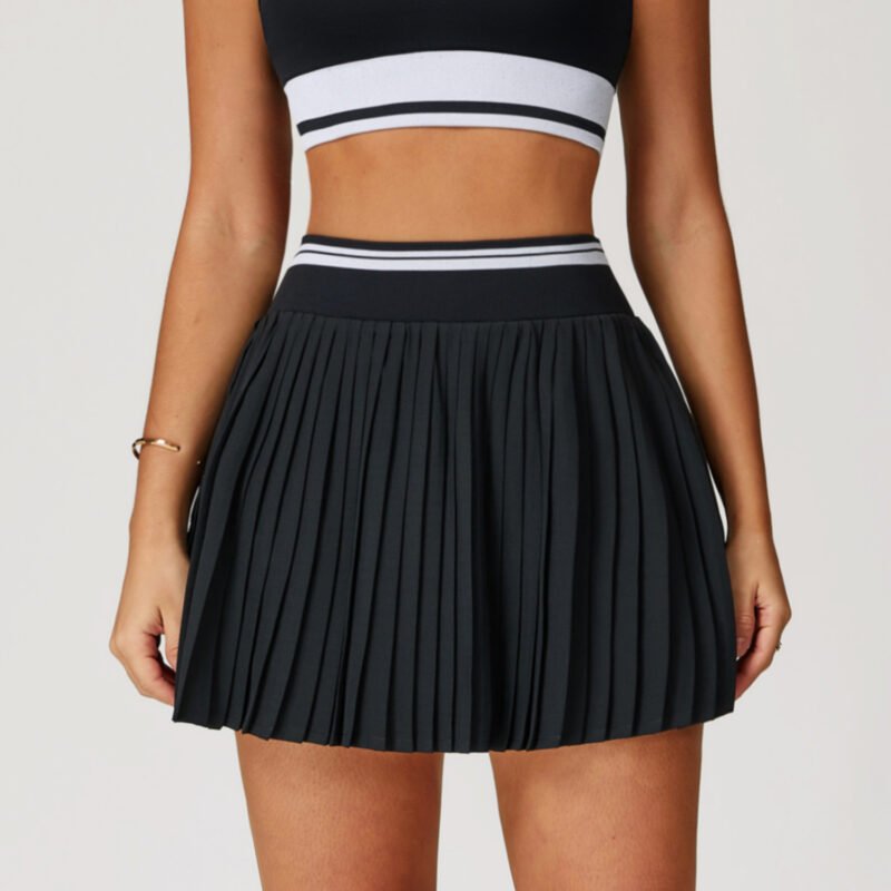 Half-Length Contrast Color Pleated Skirt High Waist A- Line Sports Skirt