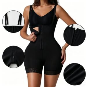 Women'S Faja Bodysuit With Tummy Control, High Compression Waist Trainer Shapewear, Seamless Body Shaper With Lace Trim, Adjustable Straps, Zipper Crotch