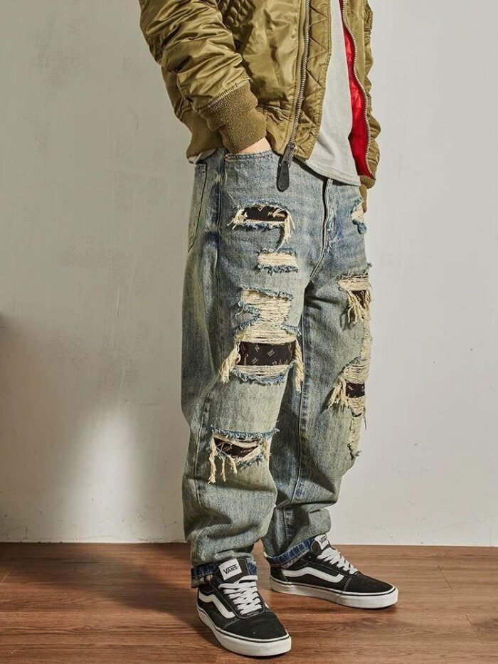 Jeans Men's Loose Straight Tapered Distressed Broken Holes Pants - Image 4