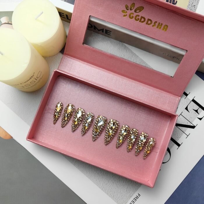 GGddsha Full Diamond Medium Almond Press On NailsReusable PMMA Acrylic Handmade Nails Full Deluxe 3DCrystal Fake Nails W Box Gift For Women,Crown Jewel - Image 5