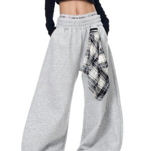 Retro Detachable Plaid Square Scarf Loose Wide-Leg Pants