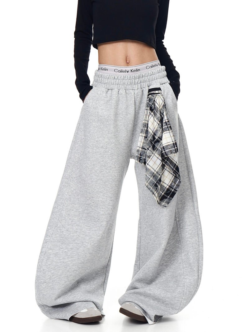 Retro Detachable Plaid Square Scarf Loose Wide-Leg Pants