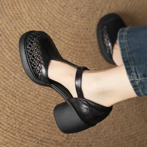 Round Head Thick Bottom Chunky Heel T-Strap High Heels