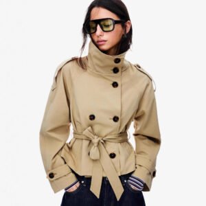 Baed34B7-8Aa1-44D3-Ad94-D1F9E467D235.Jpg Stand Collar Temperament Commute Double Breasted Waist-Controlled Lace-Up Short Trench Coat
