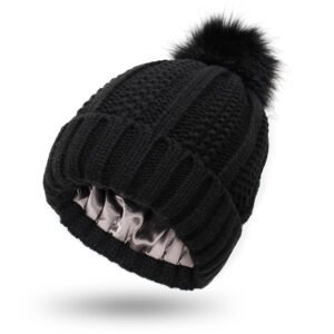 Bd3A8360-2D53-4F87-A01F-43696C5A21Af.jpg Fashion Stretchy Satin Lined Skull Knit Hats Beanie Hat For Women Faux Fur Pom Pom Hat Winter Keep Warming Beanie Hat