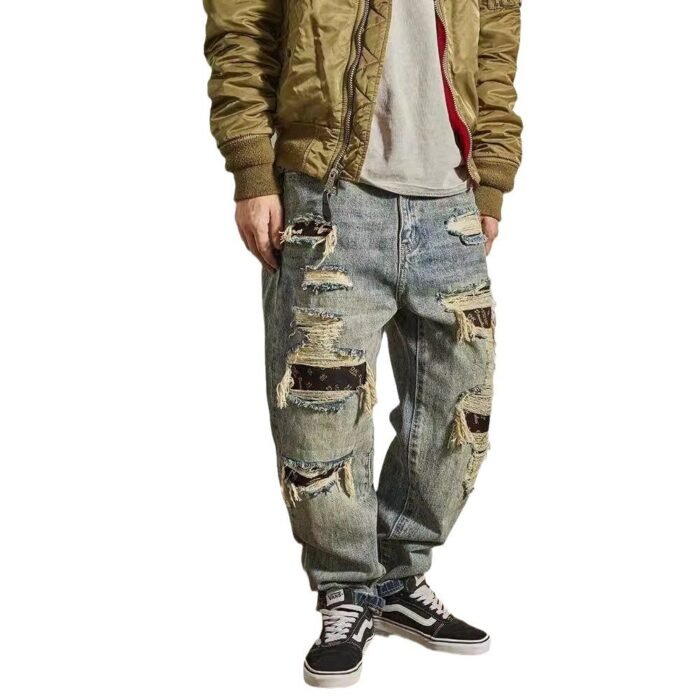 Jeans Men's Loose Straight Tapered Distressed Broken Holes Pants - Image 6