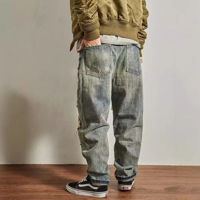 Jeans Men's Loose Straight Tapered Distressed Broken Holes Pants - Image 5