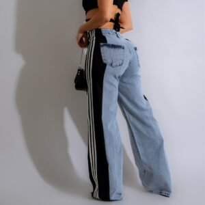 C80Ee394-2C7D-43F6-93B0-C308F3E90Ed5.Jpg 2024 Fashion Casual High Waist Elastic Straight Leg Trousers Three Stripe Patchwork Denim Wide Leg Pants Streetwear