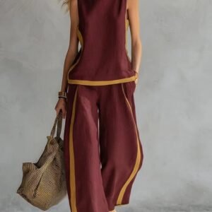 Summer Suits Round-Neck Sleeveless Vest Top And High-Waist Wide-Leg Pants Casual Loose Set