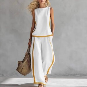 Summer Suits Round-Neck Sleeveless Vest Top And High-Waist Wide-Leg Pants Casual Loose Set