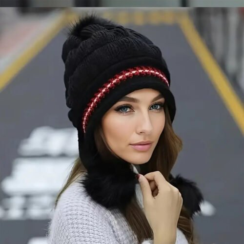 daad8e52-ce11-4891-a951-b9f2656dec87.jpg Cozy Knit Fleece-Feel Beanie With Ear Flaps & Pompom Warm Winter Hat For Women Perfect For Skiing & Outdoor Activities