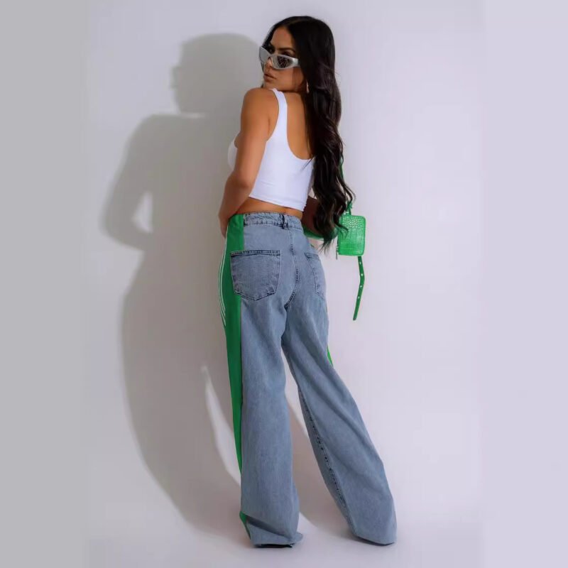 Ddb6138C-09Ea-490D-Bb67-6Fa7C71906B0.Jpg 2024 Fashion Casual High Waist Elastic Straight Leg Trousers Three Stripe Patchwork Denim Wide Leg Pants Streetwear
