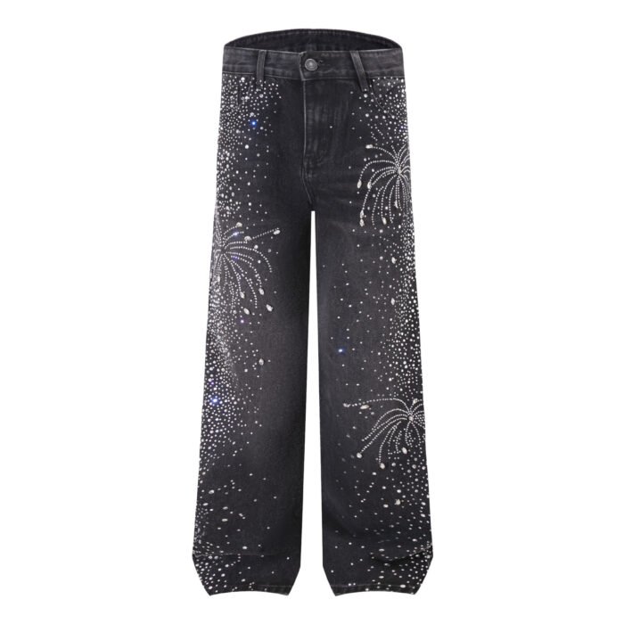Men's High Street Washed Straight Full Diamond Design Jeans - Image 6