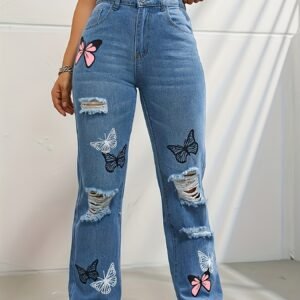 High Waisted Straight Leg Jeans For Women Trendy Butterfly Print Ripped Distressed Denim Pants