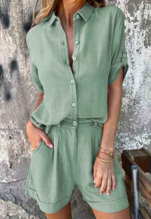 Short-Sleeved Suits Fashion Lapel Button Shirt Top And Pocket Shorts Women'S Clothing