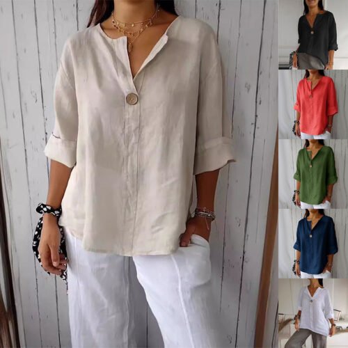 ed1e5e80-6dc7-4ab2-9940-7e7b31ae4569.jpg V-neck Long-sleeved T-shirt Fashion Loose Cotton And Linen Button Tops For Women