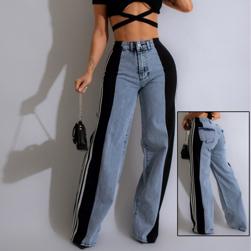 F1364916-4281-4Df5-A006-01Ff5428Bf2D.jpg 2024 Fashion Casual High Waist Elastic Straight Leg Trousers Three Stripe Patchwork Denim Wide Leg Pants Streetwear