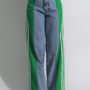 F1D47667-9522-497C-85Ba-E87B5Cb7016F.jpg 2024 Fashion Casual High Waist Elastic Straight Leg Trousers Three Stripe Patchwork Denim Wide Leg Pants Streetwear