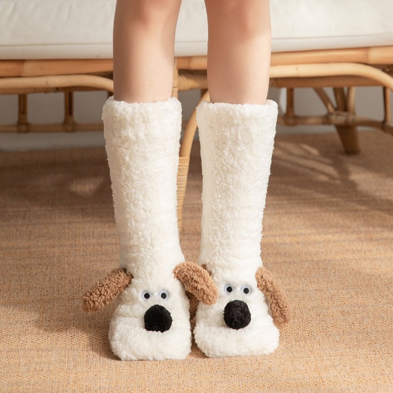 Cute Cartoon Dog Floor Socks Winter Warm Non-Slip Plush Socks For Women