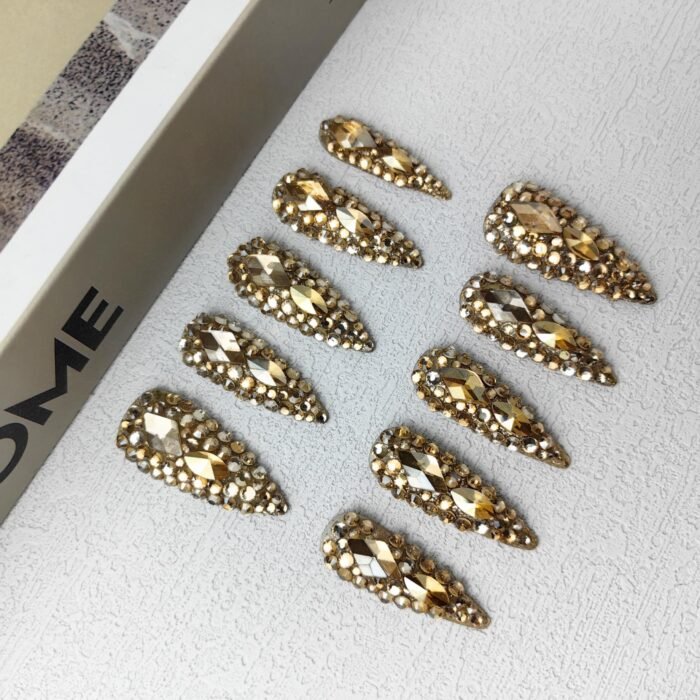 GGddsha Full Diamond Medium Almond Press On NailsReusable PMMA Acrylic Handmade Nails Full Deluxe 3DCrystal Fake Nails W Box Gift For Women,Crown Jewel - Image 2