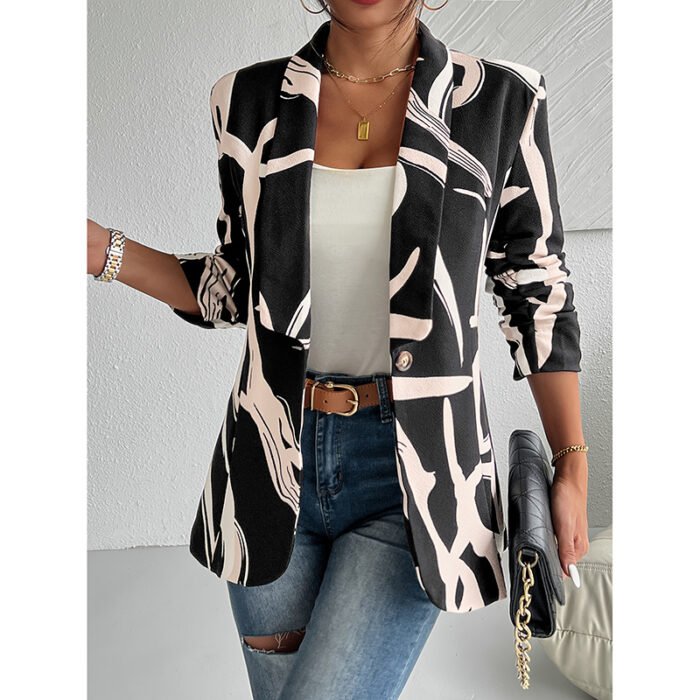 Women's Abstract Print Blazer Button Front Lapel Long Sleeve Office Blazer Elegant Work Jacket For Women - Image 2