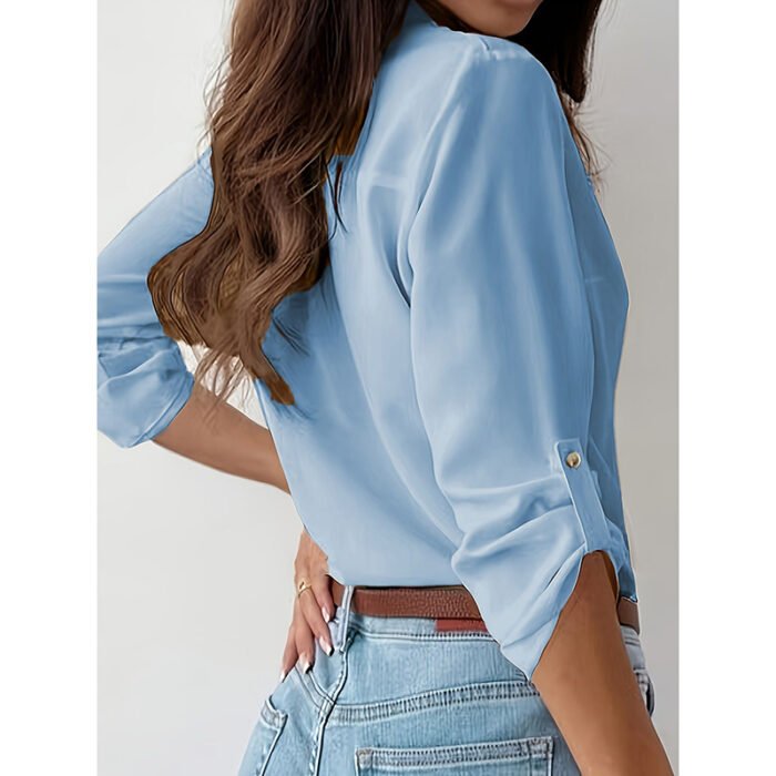 Womens Button Down Shirts V Neck Rolled Up Long Sleeve Tops Elegant Dressy Blouses Business Casual Outfits - Image 8