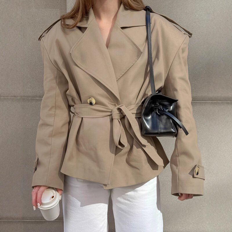 Trendy Casual Lace Up Waist-Tight Mid-Length Khaki Trench Coat For Women
