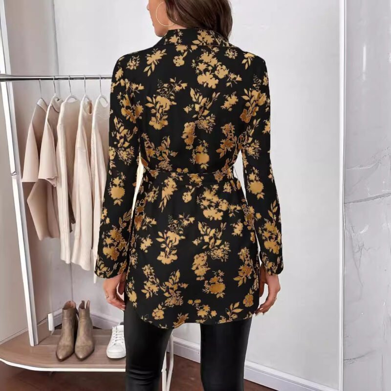 Spring And Summer New Elegant Women'S Floral Print Belt Long Sleeve Shirt