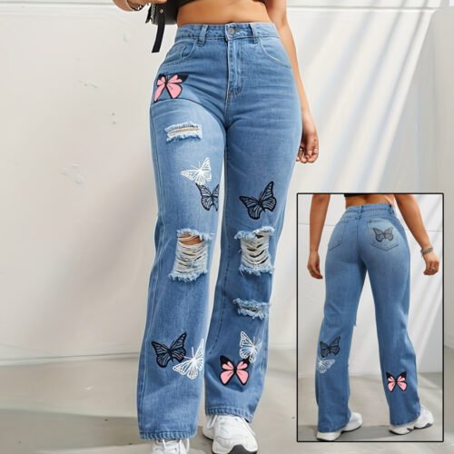 fc6c1722-989b-4f2b-a35f-7a742978d279.jpg High Waisted Straight Leg Jeans For Women Trendy Butterfly Print Ripped Distressed Denim Pants