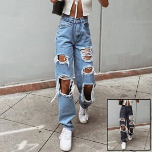 Women'S American Retro Hole-Punched Jeans Women High Waist Straight-Crotch Loose Slim Design High-Street Vibe Wide-Legged Dragging Pants