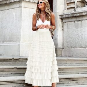 Layered Ruffles Cake Skirt Summer Fashion A Line Swing Mesh Long Skirt Party Dress Women