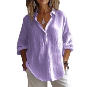 Fashion Long-Sleeved Lapel Pullover Shirt Casual Loose Solid Color T-Shirt Tops Women'S Clothing